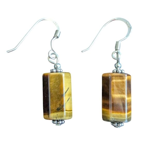 Tigers Eye Sterling Silver 925 Earrings hexagon Beads Dangle Natural Stone Hook - Picture 1 of 5